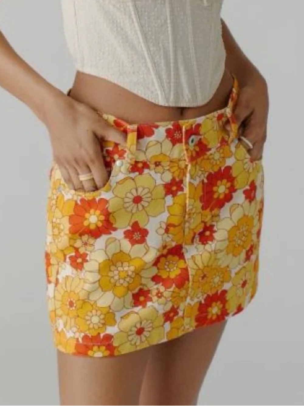 The Ragged Priest 70s Floral Denim Mini Skirt Retro Flower Child Festival